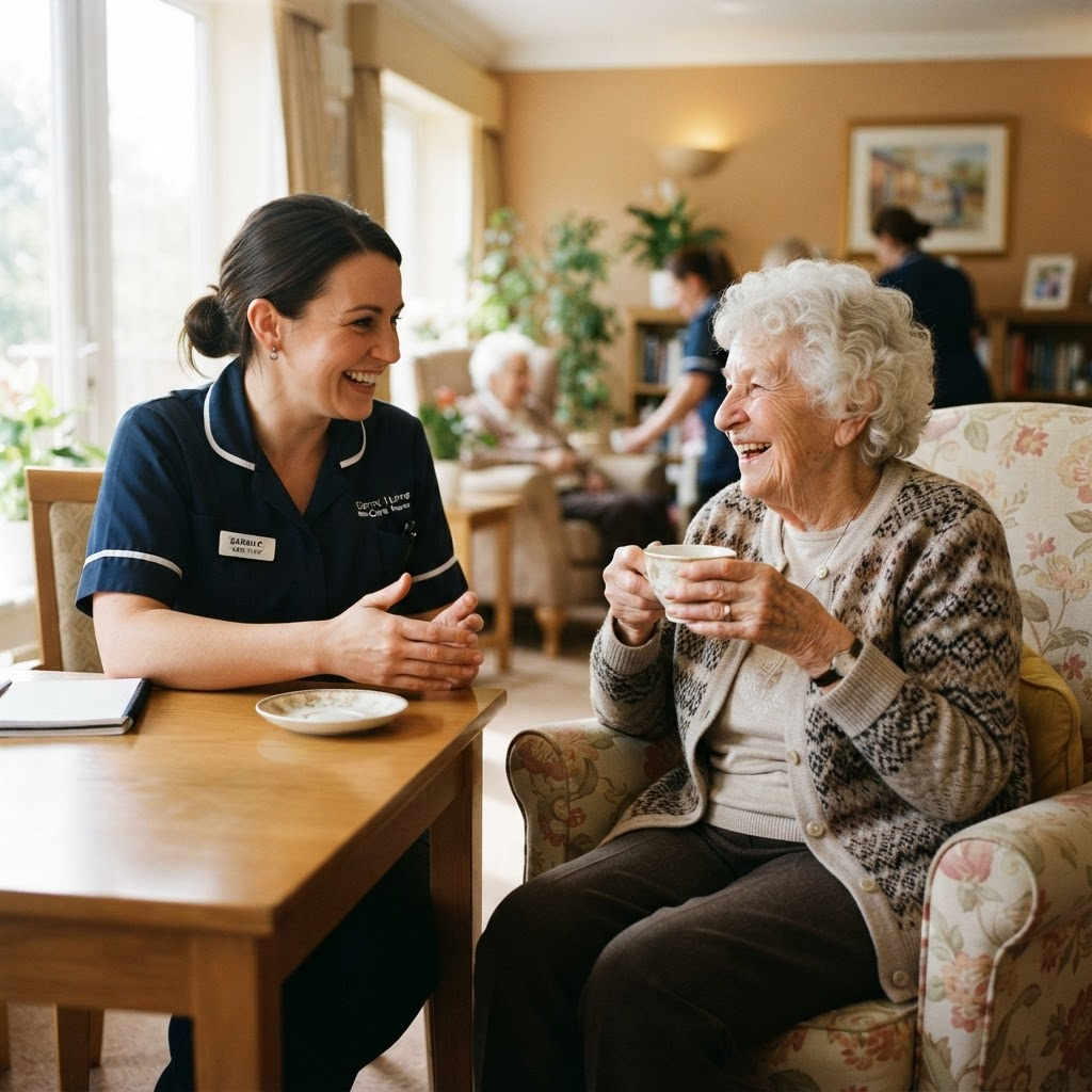 A care worker chatting warmly with an elderly woman in a care home lounge